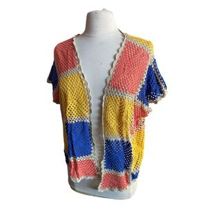 Flying Tomato Crochet Kimono Cardigan Blue Yellow‎ Pink Beige Patchwork Boho S M